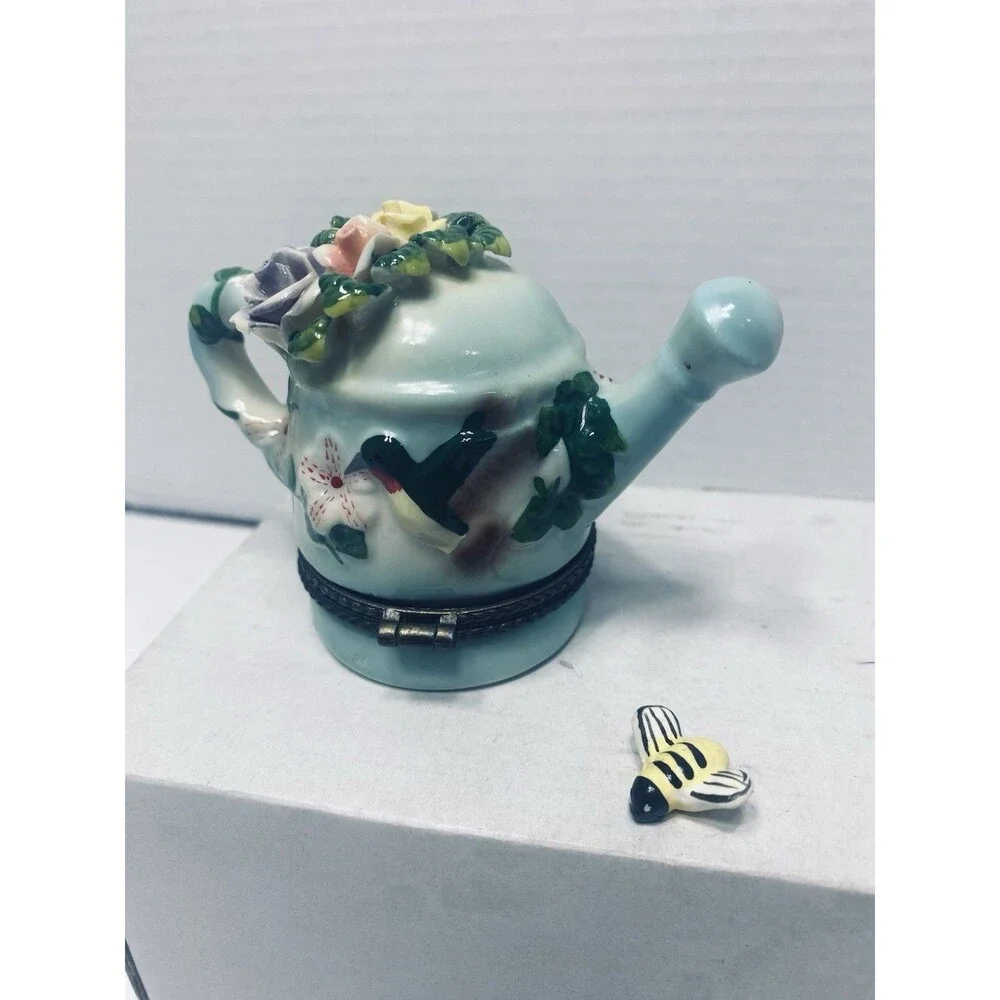 Vintage Porcelain Hinged Trinket Box Watering Can Hummingbird BumbleBee Flowers